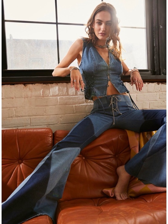 Free People Denim - Free People Two-Tone Patchwork Flare Jeans in Blue Denim